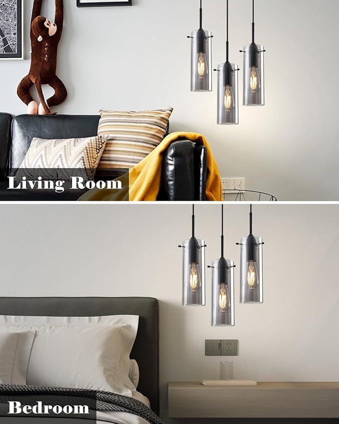 Smoke Gray Glass Pendant Lights Kitchen Island 3 Packs, Kitchen Pendant Lighting Over Island, Modern Hanging Pendant Light, Light Pendants for Kitchen Island, Living Room, Bathroom, Bedroom