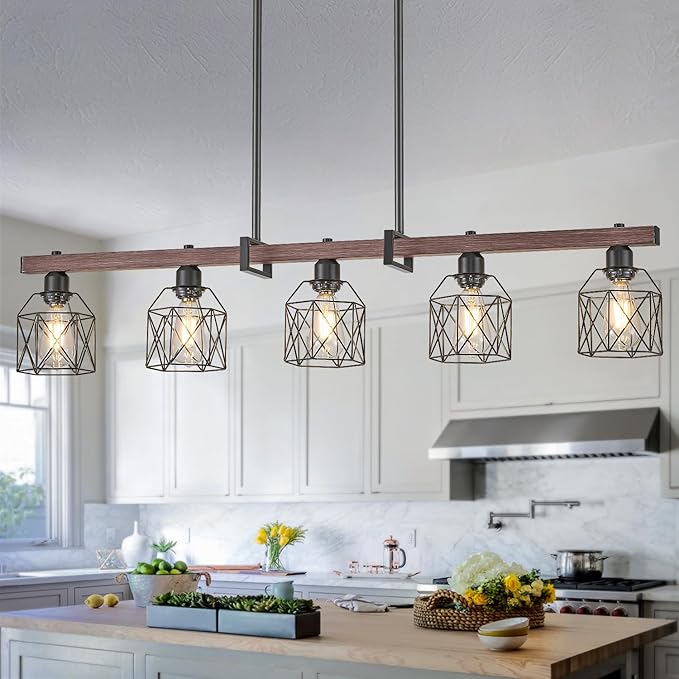 5-Light Modern Farmhouse Island Lighting, Adjustable Height Rustic Chandelier with Walnut Metal Frame & Matte Black Geometric Shade, E26 Base Hanging Light for Dining Room Over Table