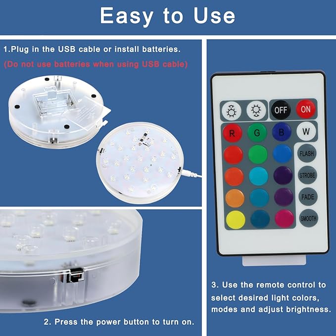 LARDUX Pack of 4 LED Lights Base with Remote - 6-inch Round Lights Display Stand for Effiel Tower Vase Crystal Glass Art LED Pedestal Base - Charging USB or Battery Powered