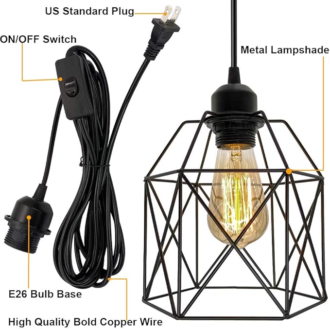 Industrial Plug in Pendant Light, Black Cage Pendant Light Fixture with On/Off Switch, E26 Socket Vintage Hanging Light, Farmhouse Pendant Lighting for Kitchen Living Room Dining Room