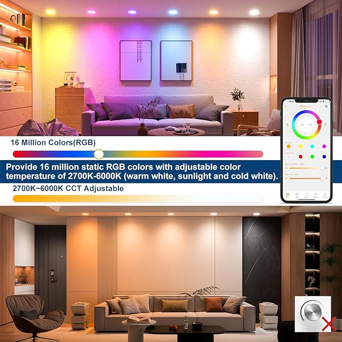 Black Smart Recessed Lighting 6 Inch RGBCW Color Changing 16W LED Downlight with Junction Box,1350 Lumen Recessed Ceiling Light Compatible with Alexa,Dimmable by Bluetooth Control -12Pack