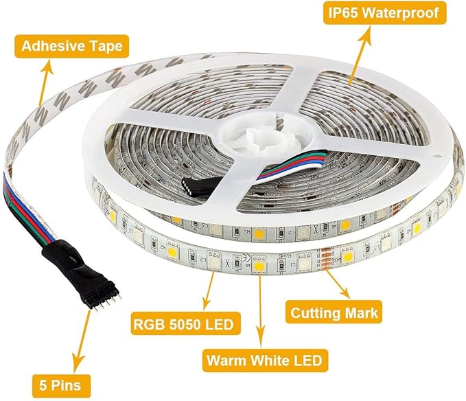 SUPERNIGHT RGBWW LED Strip Light IP65 Waterproof RGB Color Changing Rope Lighting with Warm White 3500K Color 16.4ft 300leds 5050 Tape Light (RGB + Warm White)