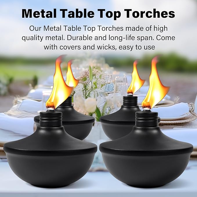 6-Pack Upgraded Tabletop Torches, 24 oz Citronella Torch Lights, Refillable Torch with Wicks, Covers, and Funnel Included - Ideal for Garden, Patio, Deck, Yard, Party, Landscape