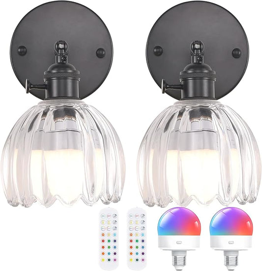 Vintage Battery Operated Wall Sconce with Transparent Tulip Glass Lampshade Rechargeable Battery Powered Black Wall Light with Remote Control for Bedside Bedroom Doorway, Set of 2