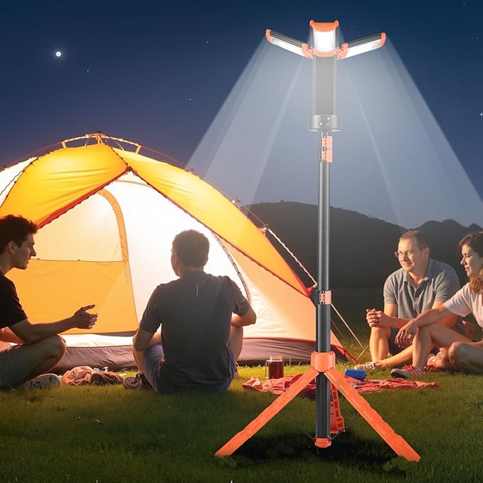 VEVOR LED Work Light with Stand, 10Ah, Rechargeable Cordless Camping Light, with 3 Lamp Heads, Detachable Tripod Stand, 2200 Lumens 3000K-6500K Dimmable, Portable Construction Lighting for Job Site