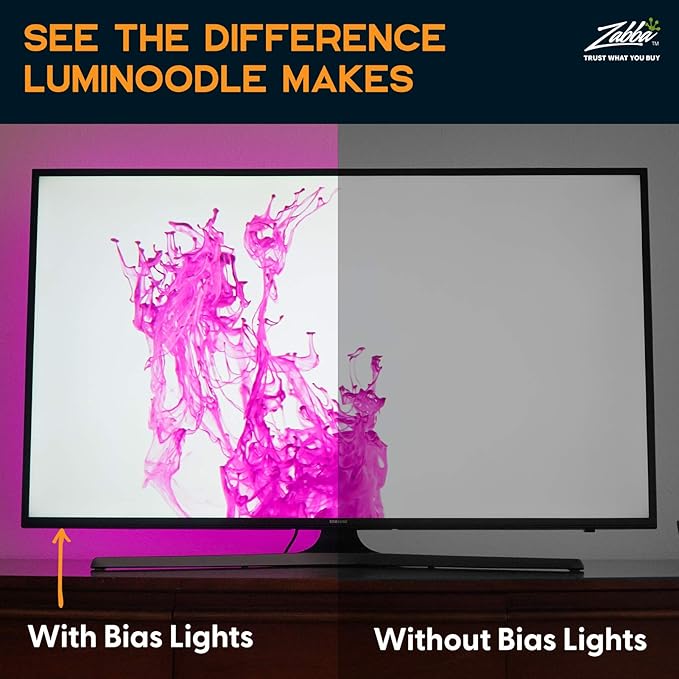 Power Practical LED Lights for TV in Living Room or Bedroom, Luminoodle Backlight, USB Powered Strips w/Remote for 15 Ambient Color Bias Lighting Options & 10 Brightness Modes, Size (60"-80" TV)