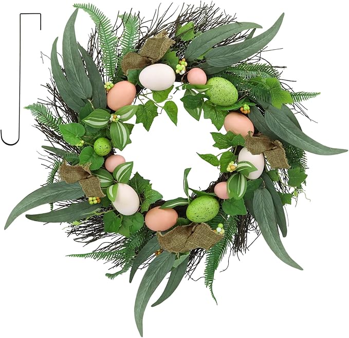 20 Inchs Spring Easter Wreath, Farmhouse Artificial Spring Wreath, Decor with Colorful Easter Eggs, Brown Fabric Strips & Green Eucalyptus Leaves, for Door Wall Window Fences