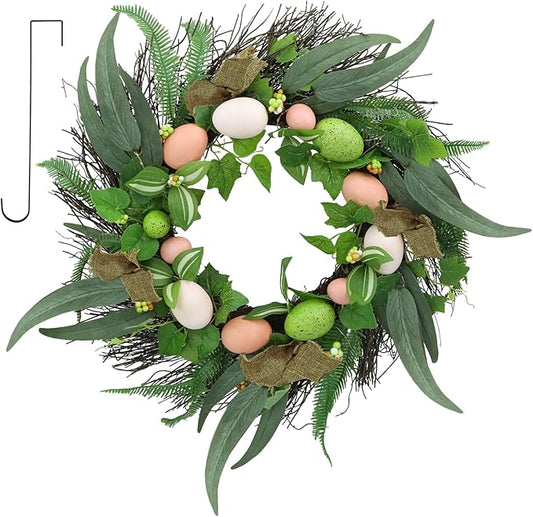 20 Inchs Spring Easter Wreath, Farmhouse Artificial Spring Wreath, Decor with Colorful Easter Eggs, Brown Fabric Strips & Green Eucalyptus Leaves, for Door Wall Window Fences