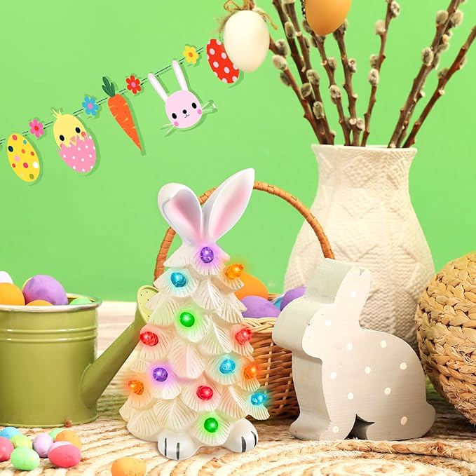 Lighted Easter Bunny Ceramic Tabletop Tree Easter Glowing Easter Bunny Ornaments with Colorful Lamp Beads Resin Rabbit Figurines for Spring Theme Party Basket Stuffers Filler Holiday Decor Gifts