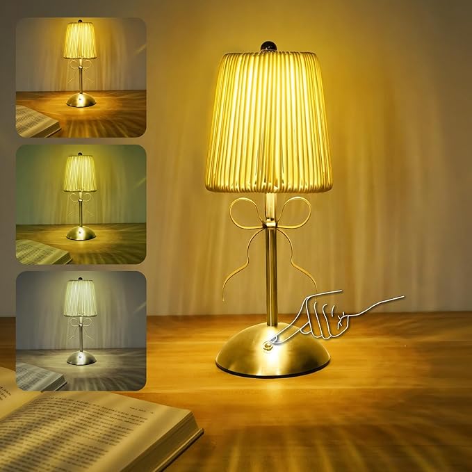 Boho Bow Rattan Table Lamp, Cordless Wicker Woven Vintage Table Lamp - LED Rechargeable Touch Control 3 Color Dimmable Reading Bedside Lamp for Bedroom Living Room Office, Home Outdoor Decor