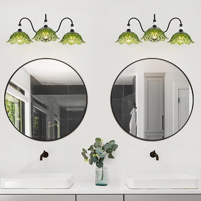 Black Bathroom Vanity Light,3-Light Vanity Light with Floral Green Glass Shades,Vintage Farmhouse Wall Mount Lighting for Bathroom, Dressing Table