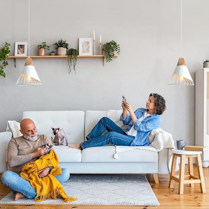 White Pendant Light, 2 Packs 9.4inch Farmhouse Pendant Light, Kitchen Pendant Lights, Pendant Lights Kitchen Island for Living Room, Bar, Bedroom, Office