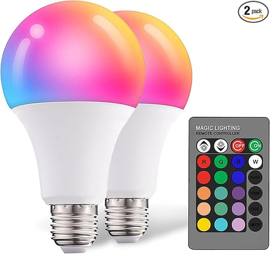 Droiee Dimmable E26 Warm LED Light Bulb, 6W RGBW Color 500LM with 16 Color Changing Modes for Christmas, Party etc with Remote Control 2 Pack