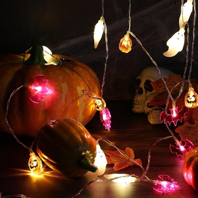 Retisee 10 ft Halloween Lights Decorations 3D Pumpkin Bat Ghost Battery Operated String Lights Halloween Fairy Light for Home Window Indoor Outdoor Party Porch Decor
