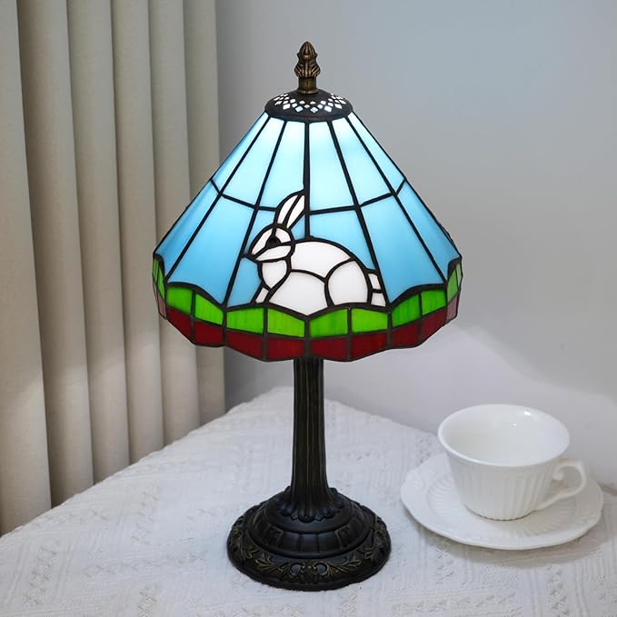 Tiffany lamp 8 inch Small Stained Glass lamp Fairy Tale White Rabbit Bedside lamp Suitable for Bedroom Dormitory Dining Room Living Room Tiffany Style Retro Home Decoration Children's Gift
