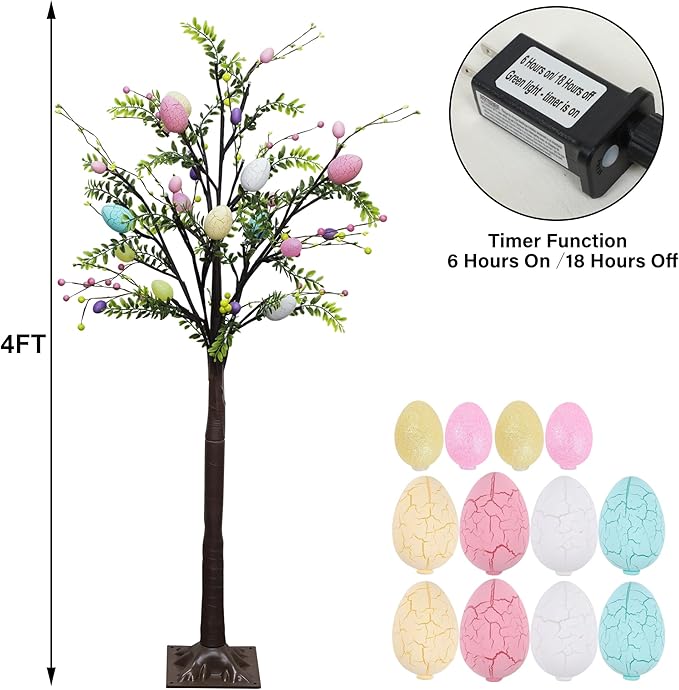 DR.DUDU 4FT Lighted Easter Tree with Timer, Pre-Lit Artificial Egg Trees with Colorful Eggs & LED Lights, Easter Decorations for Home Indoor Outdoor, Spring Decor for Porch, Office