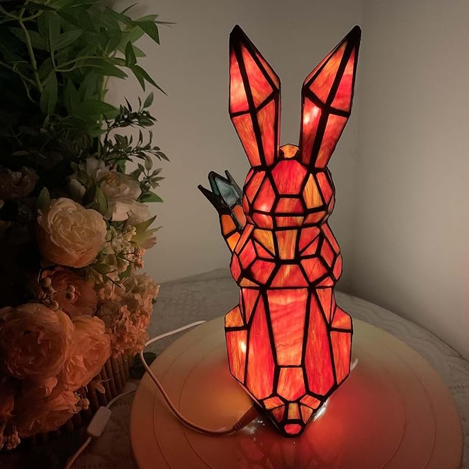 Bieye L10946 Rabbit Holds Carrot Tiffany Style Stained Glass Accent Table Lamp for Home Decor (Red)