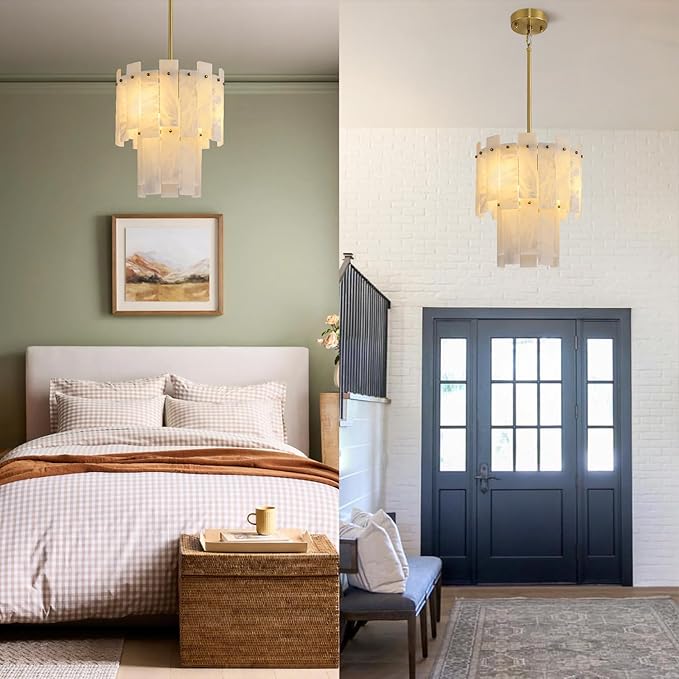 Alabaster Chandelier D13in Spanish Natural Marble Round Chandeliers, 2 Tiers Brass Alabaster Pendant Light,Modern Gold Small Chandeliers for Dining Room,Foyer,Kitchen Island,Bathroom,Bedroom