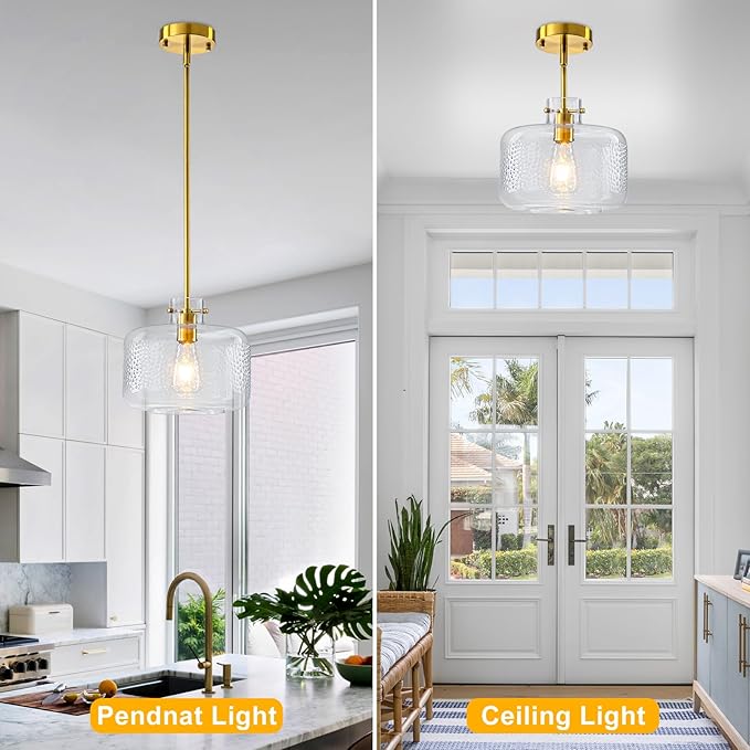 WILON Gold Pendant Lights Kitchen Island, Embossed Clear Glass Chandelier Pendant Light Fixture, Industrial Round Ceiling Pendant Light Fixture for Dining Room Kitchen Island Foyer Entryway(Brass)