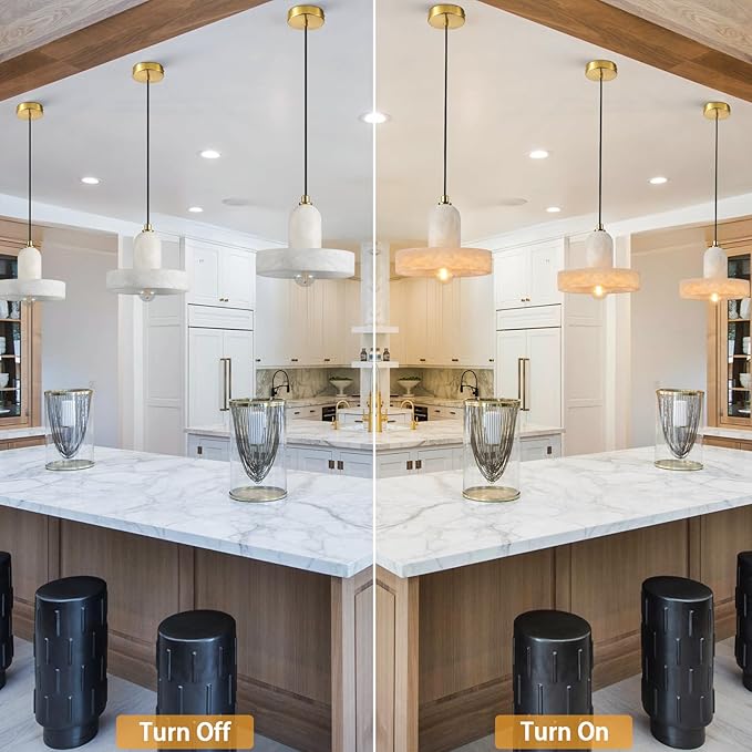 Alabaster Pendant Light for Kitchen Island, Modern Brass Hanging Light Fixture with Natural Alabaster Stone Shade, Adjustable Pendant Lighting Over Sink, Dining, Bar, Counter- 2 Pack