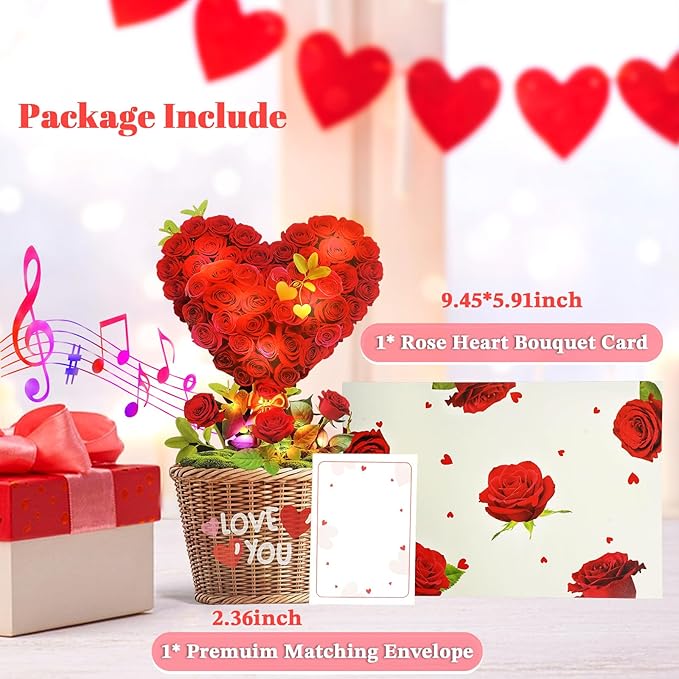 Birthday Cards with MUSIC & LIGHTS, 3D Pop Up Mothers Day Card & Anniversary Card, Love Tree Hearts, 10 Inch Life Sized Forever Bouquet Mothers Day Gifts for Her Women Wife Mom