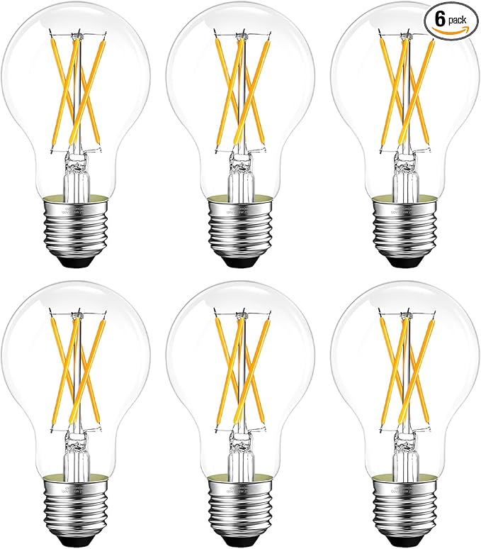 Dimmable E26 LED Bulb 6W, 60 watt Equivalent, Vintage LED Edison Bulbs 2700K Soft White, A19 Clear Glass LED Light Bulb for Ceiling Fan, 90+CRI, 600LM, 6 Pack