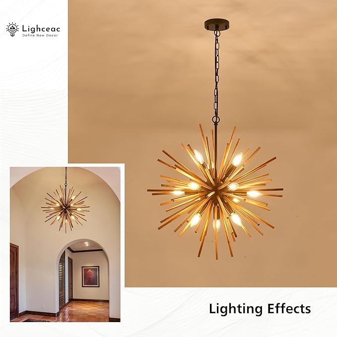 23.6" Farmhouse Sputnik Chandelier for Dining Room Rustic Handmade Natural Wood 12-Light Hanging Ceiling Pendant Light Fixture Starburst Wood Chandeliers for Kitchen Bedroom Foyer Hallway