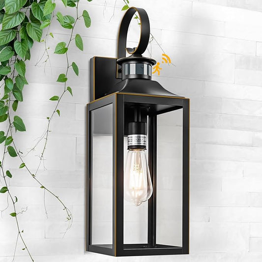 Large Motion Sensor Outdoor Wall Light 20" - Black Dusk to Dawn Outdoor Lighting, Modern Wall Mount Light Fixture, Waterproof Porch Light Fixture for Outside House Garage, 3 Modes (with Gold Trim)