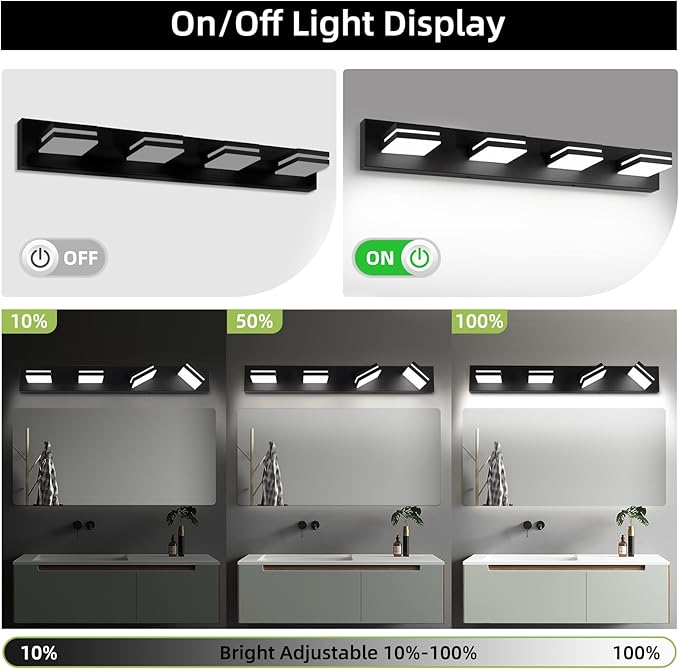OKELI 4-Light Bathroom Vanity Light Black Modern LED Vanity Light Over Mirror Dimmable Mirror Front Lamp with 350° Adjustable Lamp Head ETL Listed 32W 6000K Cold White