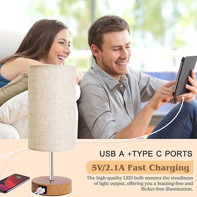 Bedside Table Lamp for Bedroom - 4 Way Dimmable Touch Lamp with USB and Type-C Charge Port, Small Wood Base Round Flaxen Fabric Shade Lamp Living Room,Bedroom Use(Yellow Color Base)