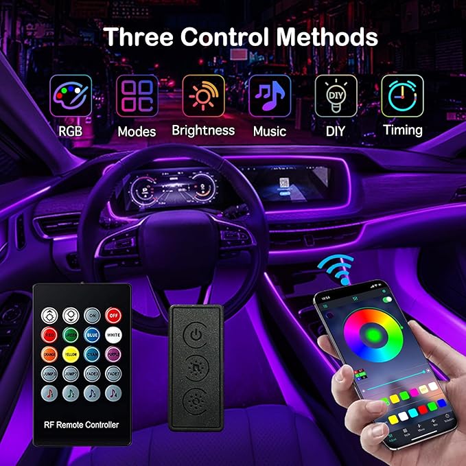 Interior Car LED Strip Lights, RGB 6 in 1 Ambient Lighting Kits with 315 inches Fiber Optic, 16 Million Colors Music Sync USB Car Interior Lights with Wireless APP/Button/RF Remote Control (6 in 1)