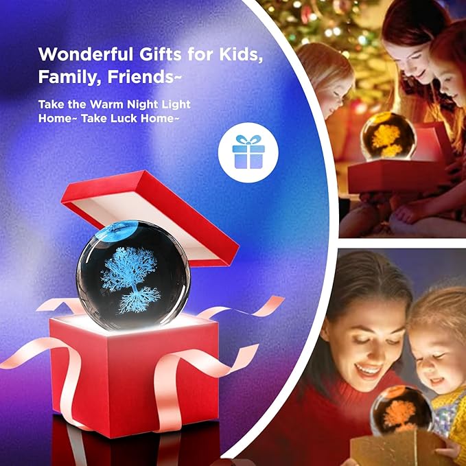 3D Tree of Life Crystal Ball Night Light,3.15in k9 Crystal Ball Lamp with 16 Colors Change,Wooden Base and Remote Control Tree of Life Gifts for Kids