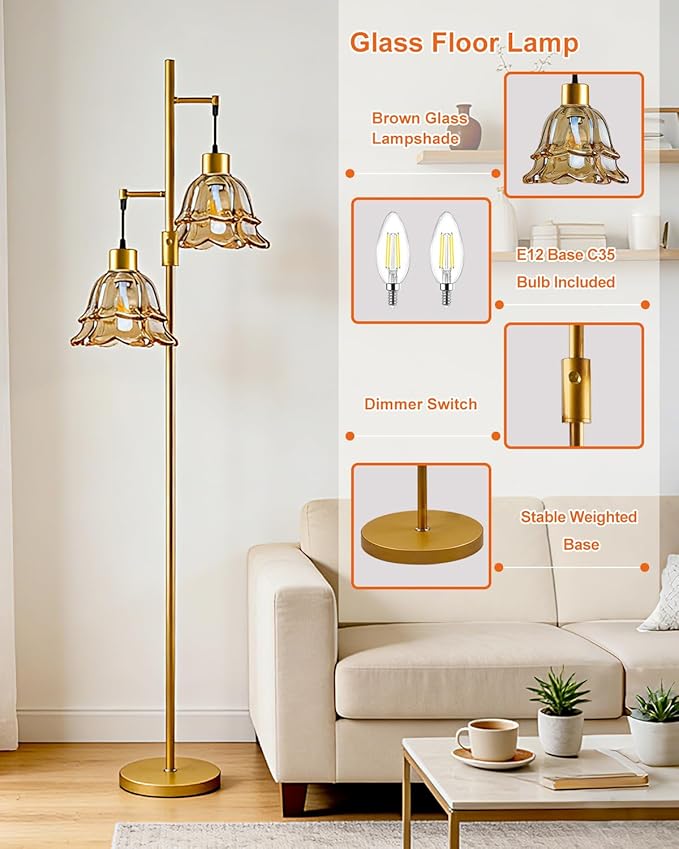 2-Light Gold Dimmable Floor Lamp for Living Room, 65IN Tall Standing Lamps with Brown Glass Lampshade, 3000K Warmwhite Mid Century Modern Floor Lamp for Bedroom/Sofa Beside/Corner Decor