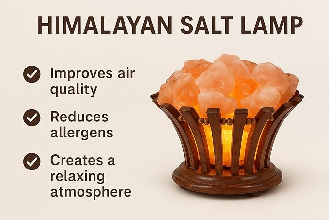Himalayan Salt Lamp Basket – Salt Lamp with Wooden Bowl – Authentic Himalayan Crystal Night Light – Natural Pink Rock for Bedroom, Living Room, Office and Decor Gift