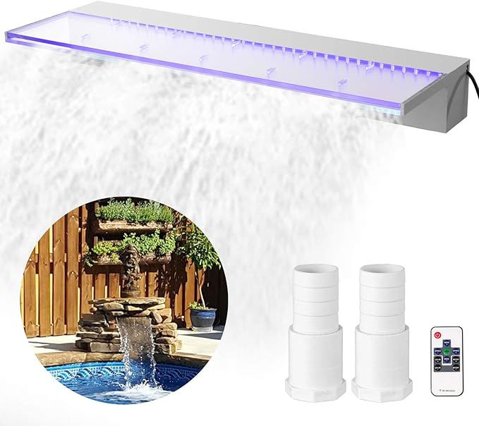 Happybuy Fountain Spillway 23.6x3.2x8.1 Inch, Pool Waterfall Fountain 17 Colors Led, Pool Water Fall Kit with Remote, Pool Spillway Solid Acrylic Pool Waterfall for Garden Pond, Swimming Pool, Square