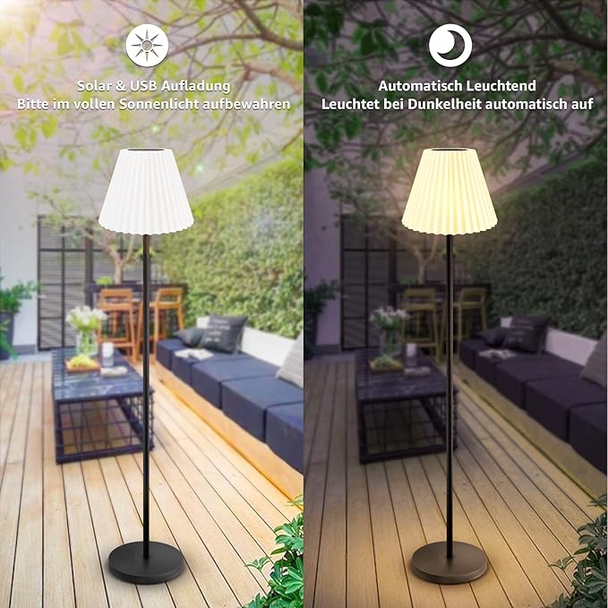 Solar Outdoor Floor Lamp USB Rechargeable Cordless Dimmable RGB Warm White LED Lights for Yard Garden Patio