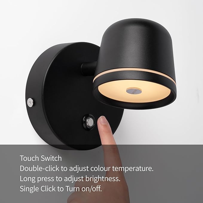 Aisilan Wall Sconce, Hardwired Touch Dimmable Wall Light with 3 Color Temperatures, Adjustable 7W LED Wall Lamp CRI97, Modern Black Aluminum Sconce for Bedroom Bedside Hallway