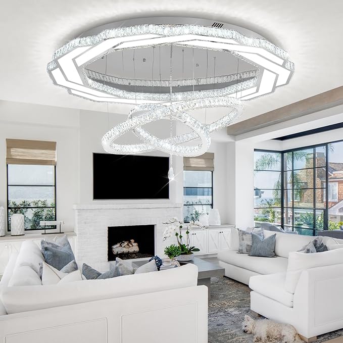 Flashing God Extra Large Chandelier Dia 55" Chrome Chandeliers Flush Mount Chandelier for Living Room Bedroom Dining Room Hallway Dimmable 3 Rings Chandeliers