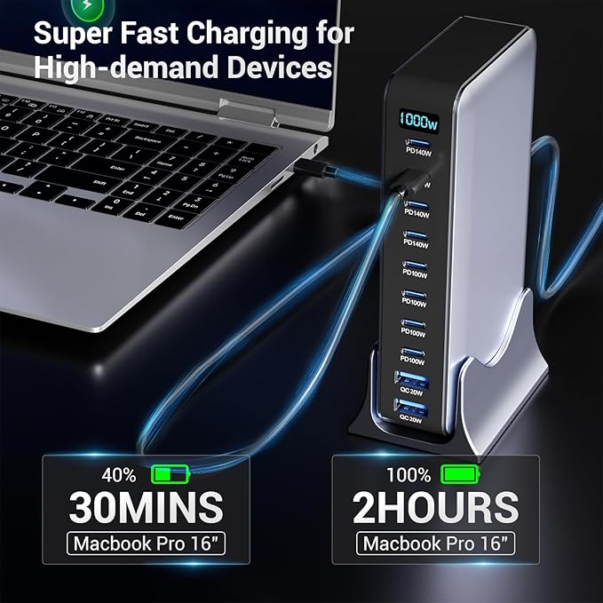 1000W USB C Charging Station, 10-Port USB C Charger Block, PD 140W PD 100W QC 20W GaN Ⅲ Fast USB Charger for MacBook, Ipad, iPhone, Samsung