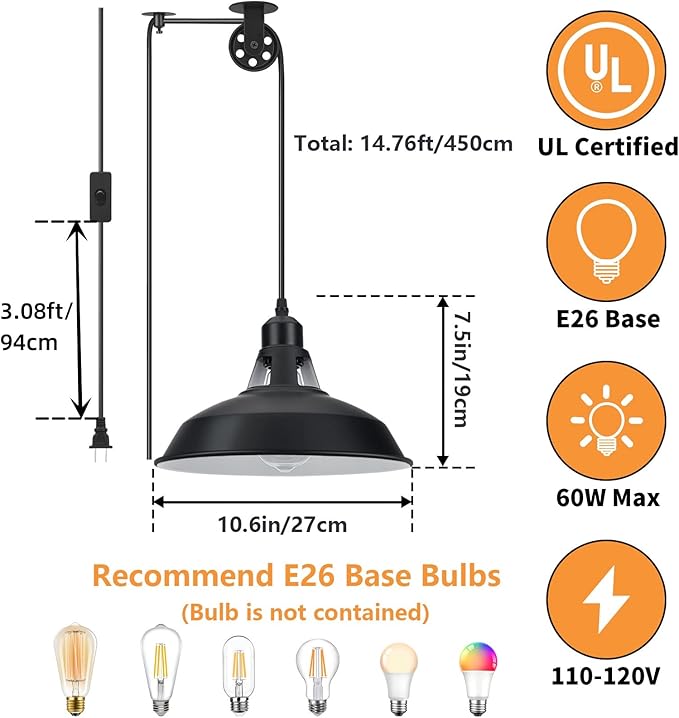 Plug in Pendant Light, Hanging Lamp with Black Barn Pendant Lighting with 14.76ft Cord On/Off Switch, Adjustable Pulley Hanging Pendant Lighting for Kitchen Bedroom Restaurant 2 Pack
