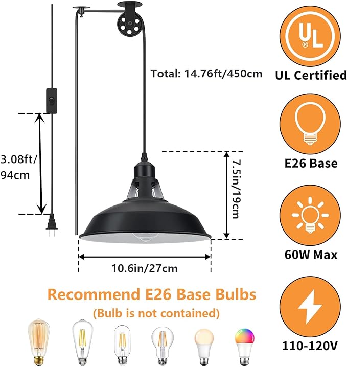 Plug in Pulley Pendant Light with 14.76ft Cord On/Off Switch, Industrial Barn Black Hanging Lights with Plug in Cord, Pulley Wall Pendant Lamp for Kitchen Island, Pool Table, Bedroom, 1 Pack