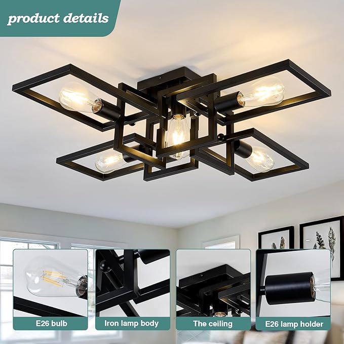 ZGLAOJT Black Industrial Flush Mount Ceiling Light 5-Light Kitchen Light Fixtures Modern Large Matte Sputnik Chandelier for Dining Room Bedroom Farmhouse Living Room