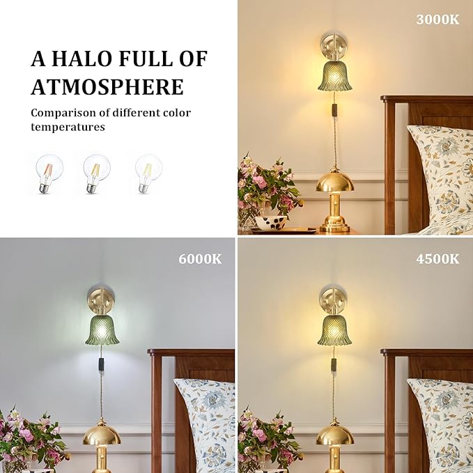 Plug in Wall Sconce Set of 2, Gold Vintage Wall Decor Lights with Green Diamond Flower Glass Shade, Indoor Brass Corded Wall Lamp Fixture for Bedroom Living Room Bathroom Hallway