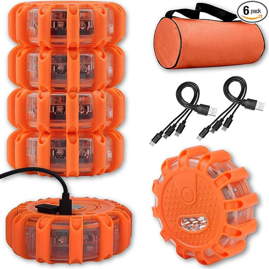 USB Rechargeable LED Road Flares Emergency Lights-Roadside Warning Car Safety Beacon Flashing Disc Flare Kit with Magnetic Base for Vehicles & Boat | 6 Beacon Disc Pack