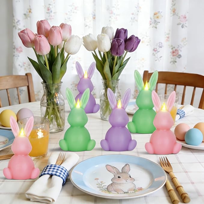 Leorate 6PCS Easter Bunny Flameless Candles – 7.5" Battery Operated LED Rabbit Candles with Flickering Flame, Green Purple Pink Real Wax Finish for Easter Decor, Table Centerpiece & Spring Home