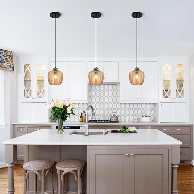 Amber Glass Pendant Lights Kitchen Island 3 Pack 6.29 in Glass Globe Pendant Light Fixture Adjustable Modern Farmhouse Pendant Lighting for Bedroom Dining Room
