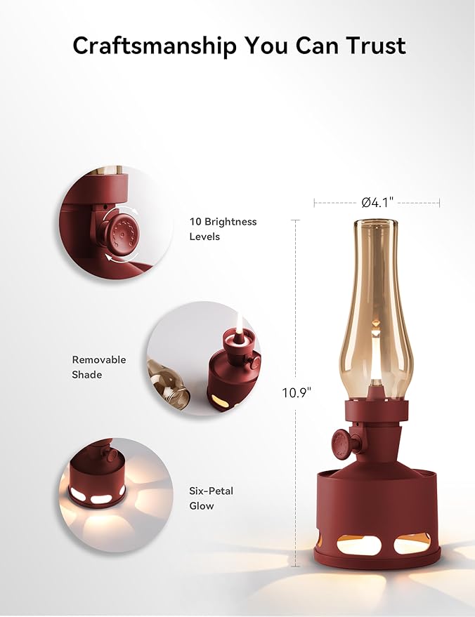 Tubicen Cordless Rechargeable Table Lamp, Vintage Battery Operated Oil Lamp Lantern, Smart Blow/Tilt Off, 10-Level Rotary Touch Dimmable Flameless Kerosene Desk Night Light for Home Bedroom Decor