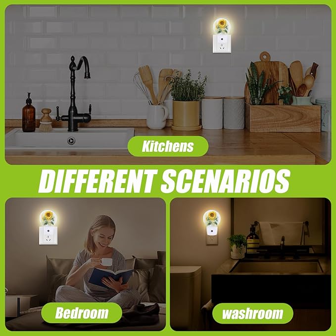Watercolor Sunflower Night Light,Sunflower Green Leaf Plug-in Night Lights with Dusk-to-Dawn Sensor for Bedroom Bathroom and Living Room Sleep Friendly lamp