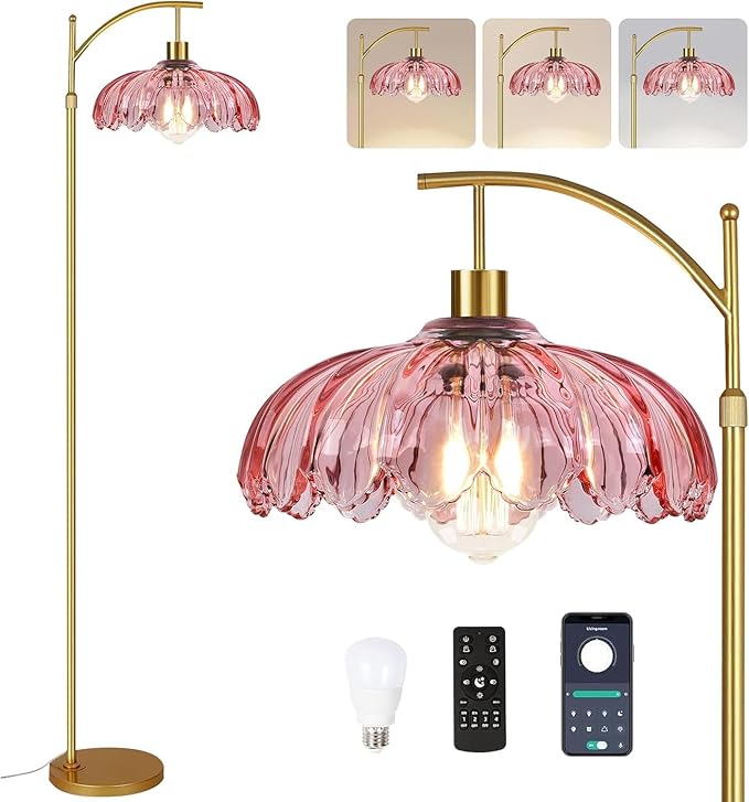 Pink Floor Lamp for Living Room,Bedroom,Glass Mid Century Modern Standing Lamp with Remote,Dimmable Gold Tall Lamp Vintage Arc Floor Lamps Flower Girls Kids Light Boho Bohemian