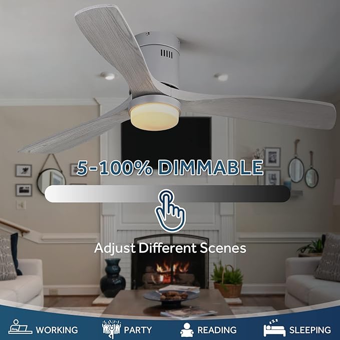 Sofucor 52" Flush Mount Ceiling Fan with lights Remote Control, Outdoor Indoor Ceiling Fans with Lights, Dimming Lighting, Quiet Energy Saving with 6 Speeds, Timer, Silver